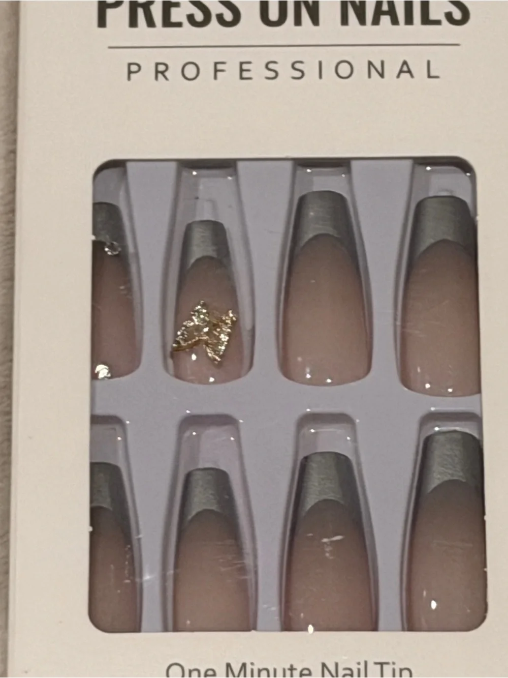 Silver French Tip Butterfly Press On Nails | Glam Nude Coffin Nails Y2K
